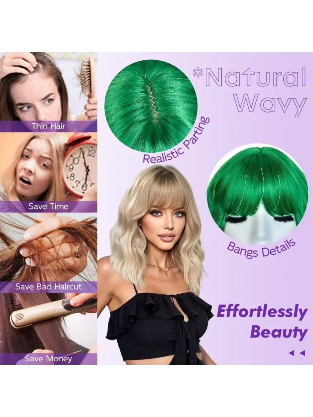 Women's Green 14 Inch Natural Synthetic Short Curly Wavy Fiber Wigs